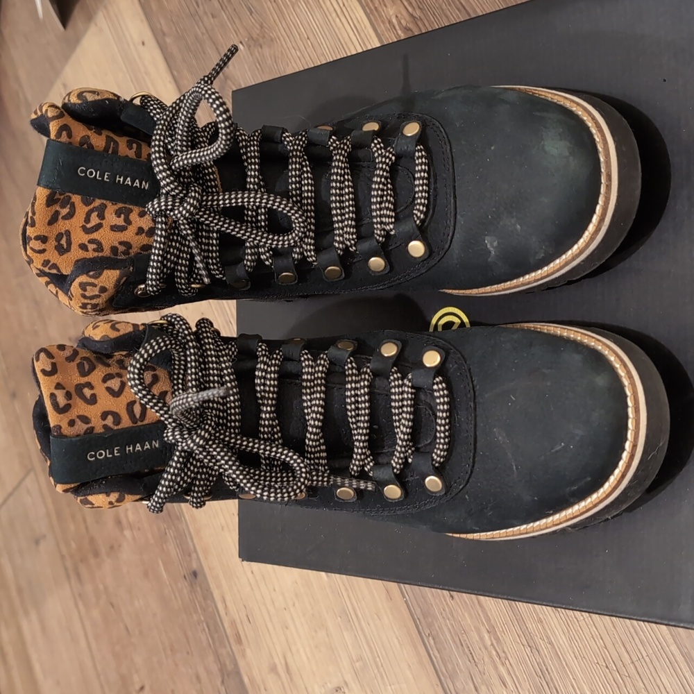 Cole Haan Women's Black and Leopard Lace-Up Boots - Picture 2 of 6